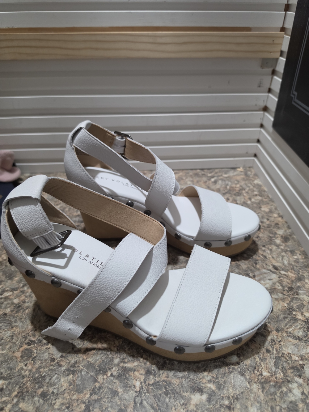 Very Volatile White Platform Wedge Sandals with Stud Detailing (Leather Upper)